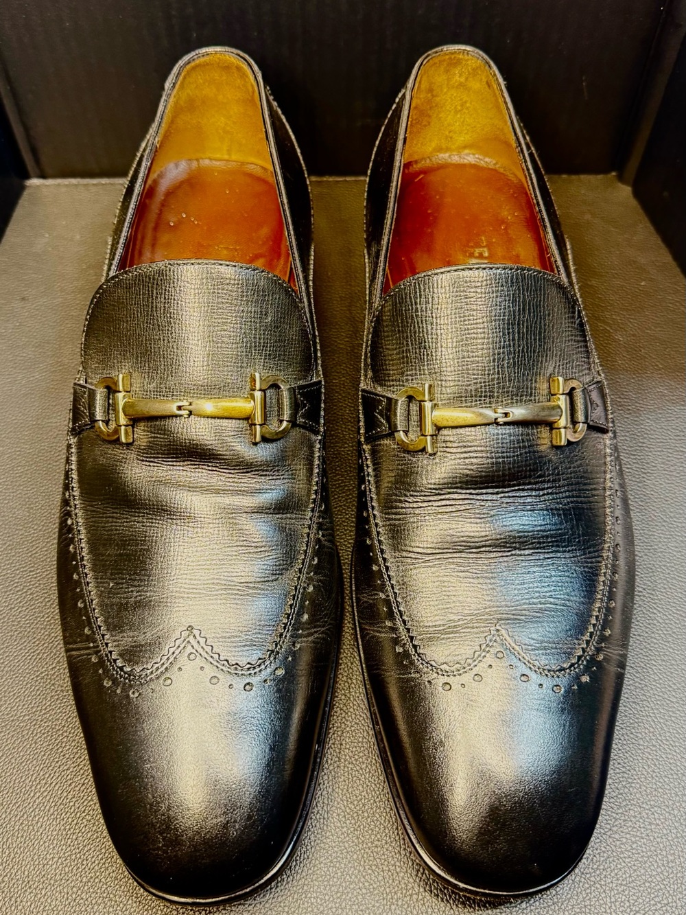 Salvatore Ferragamo Black Leather Bit Loafers with Brogue Accents